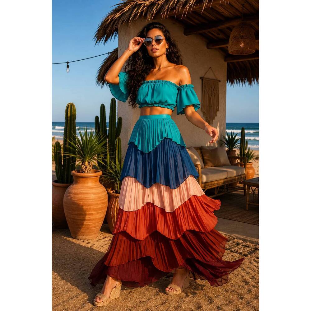 NEW LITTLE SECRET OF MINE tiered pleated maxi skirt set in color me fancy